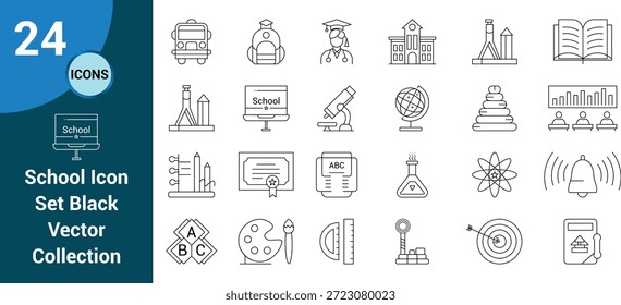 Conjunto de Ícones de Linha de Escola e Educação, Aprendizagem, Ciência, Alunos, Aulas Online, Assuntos de Estudo, Ícones de Vetor de Traço Editáveis