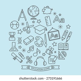 School and education line icons with outline style vector design elements