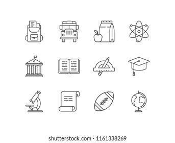 School and education line icons set with backpack,bus, lunch, science, building, open book, ruler and pen, graduation cap, microscope, baseball, globe.