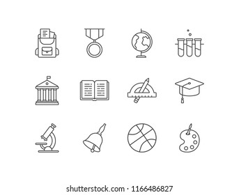 School and education line icons set with backpack, award, globe, chemistry, building, book, graduation cap, microscope, bell, basketball, art.