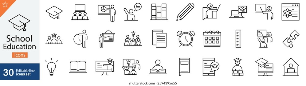 School Education Line Icons Set. Collection of 30 outline icons representing learning, teaching, academic subjects, classroom activities, and student life. Editable stroke vector illustration.