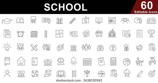 School and Education Line Icons Set - Learning, Study, Classroom and University Symbols. Editable vector