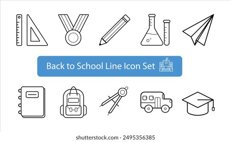 School and education line style icon set, pencil, paper plane, school bus, compass, ruler, flask, backpack, medal, notebook, mortarboard. 