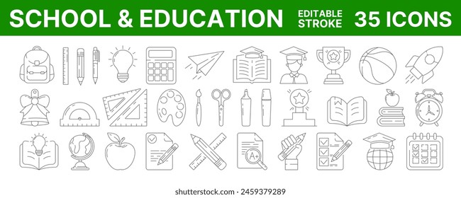 School and education, line vector icon set, editable stroke. Back to school collection with symbols of knowledge, learning, study, task list, stationery, backpack. For web, mobile app, social media