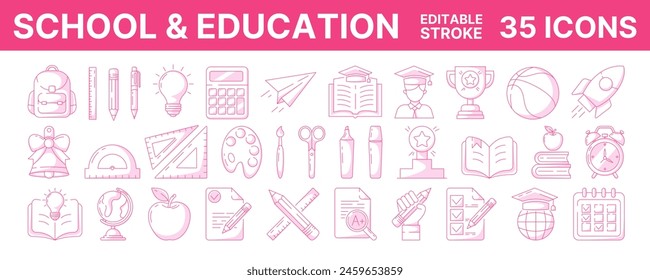 School and education, line vector icon set, editable stroke, color. Back to school concept, symbols of knowledge, learning, study, task list, stationery, backpack. For web, mobile app, social media