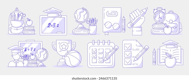 School and education, line vector icon composition set. Back to school concept, symbols of knowledge, learning, study, task list, stationery, backpack, student and chalkboard. For web, social media