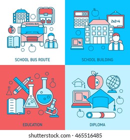 School education linear compositions with bus route study building scientific disciplines diploma isolated vector illustration