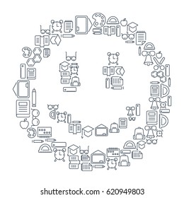 School and education linear icons set in shape of smile on white background isolated vector illustration