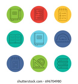 School and education linear icons set. Stationery items. Books, rulers, notepads, school journals, abacus. Thin line outline symbols on color circles. Vector illustrations