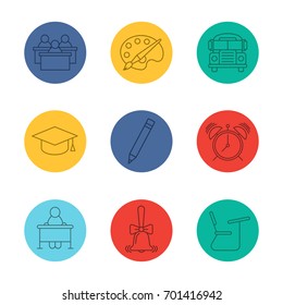 School and education linear icons set. Audience, palette with brush, school bus and bell, graduation cap, pencil, alarm clock, desk. Thin line outline symbols on color circles. Vector illustrations
