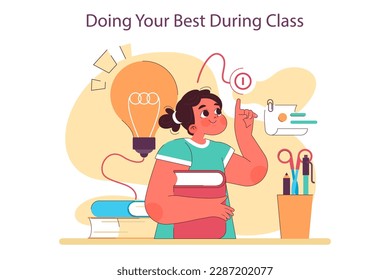 School education. Little girl doing her best in a classroom and learning new things. Idea of academic progress and new knowledges receiving. Flat vector illustration