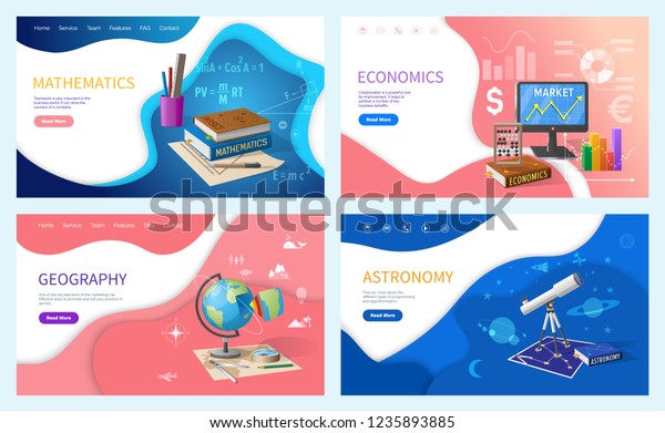 School education, mathematics and\
economics, geography and astronomy. Textbooks and stationery,\
graphics and globe, telescope vector\
illustrations