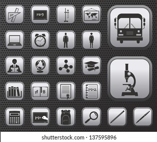 school and education metal vector button icons set on dark background