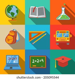 School (education) modern flat icons set on color squares with - globe, notebook, blackboard, backpack, text book, graduation cap, school bus, science bulb, pencil and ruler.