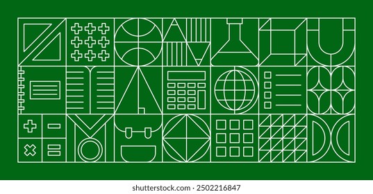 School education modern geometric pattern. Vector green background with abstract line shapes in square tiles. Outline book, pencil, student bag and globe, math symbols, calculator and flask pattern