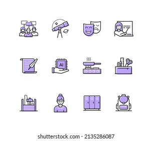 School education - modern line design style icons set with editable stroke. Education, classmates, telescope, theater masks, teacher at the blackboard, computer science, backpack, lockers, childhood svg