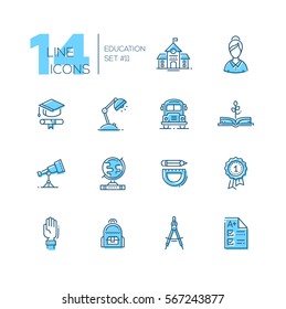 School and education - modern vector line design icons set with accent color. School building, female teacher, graduation cap, certificate, lamp, book, globe, test. Material design concept symbols