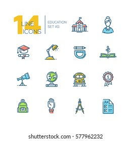 School and education - modern vector thick line design icons set. School building, teacher, graduation cap, certificate, bus, book, telescope, globe, stationery, badge hand backpack compasses test