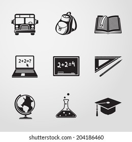 School (education) monochrome icons set with - globe, notebook, blackboard, backpack, text book, graduation cap, school bus, science bulb.