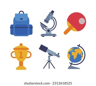 School Education Object with Backpack, Microscope, Cup, Telescope and Globe Vector Set