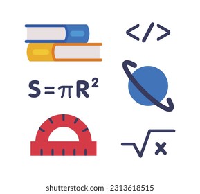 School Education Object with Book, Formula, Code Sign and Planet Vector Set