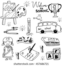 School education object doodles on white backgrounds