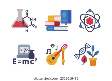 School Education Object with Molecule, Book, Physics Formula, Music and Biology DNA Vector Set