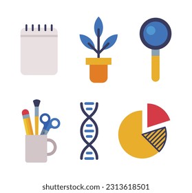 School Education Object with Notepad, Plant, Magnifying Glass, Dna and Pie Chart Vector Set