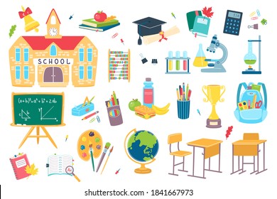 School And Education Objects Isolated On White Vector Flat Illustration. School Supplies And Accessories. Pencil, Pen, Desk, Students Notebook And Schoolhouse, Bag, Calculator, Globe And Flasks.
