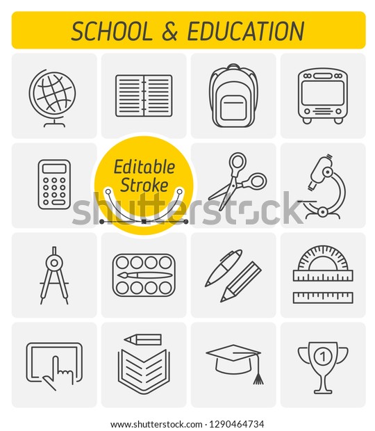 The school and education outline icon set. The\
school bus, online education, schoolbag, graduate cap, school\
supplies line symbols. The learning and studying linear vector\
icons with editable\
strokes.