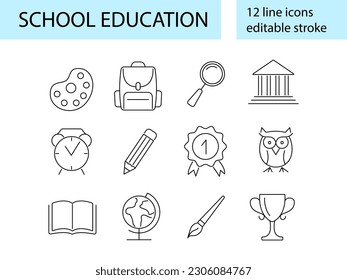 School education outline icons collection. Backpack, owl and winner cup. Back to School concept. University emblem. Knowledge labels. Customizable symbols set. Editable stroke. Isolated vector stock i