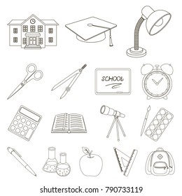 School and education outline icons in set collection for design.College, equipment and accessories vector symbol stock web illustration.