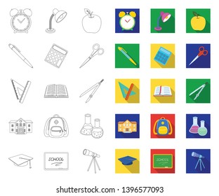 School and education outline,flat icons in set collection  design.College, equipment and accessories vector symbol stock web illustration.