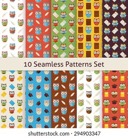 School and Education Owls Flat Design Seamless Patterns Set. Flat Style Vector10 Texture Backgrounds. Collection of Knowledge Templates. Back to School. Wisdom Bird Owl