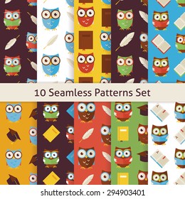 School and Education Owls Flat Design Seamless Background Patterns Set. Modern Flat Style Vector10 Textures.  Collection of Knowledge Templates. Back to School. Wisdom Bird Owl