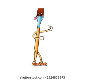 La educación escolar pinta el carácter groovy del pincel con la lengua que sobresale y las zapatillas de deporte vintage, dando un pulgar para arriba. Personaje de papelería de herramienta de arte peculiar de Vector de dibujos animados, listo para aventuras creativas