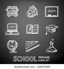 School (education) painted on black chalkboard icons set with - globe, notebook, blackboard, backpack, text book, graduation cap, school bus, science bulb.