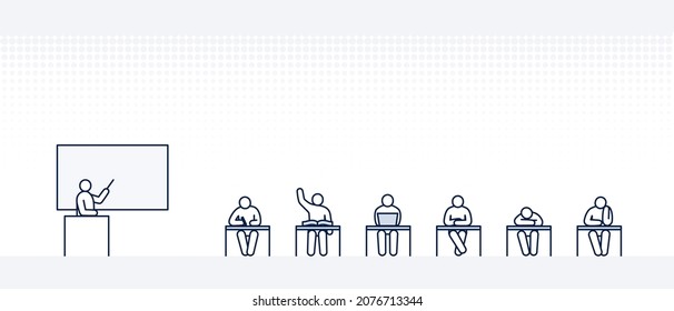 School Education With Person Line Icons: Sitting, Studying, Writing, Thinking, Sleeping People On The Desk. Teacher Teaching In Front Of Students