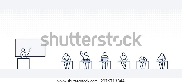 school education with person line icons:\
sitting, studying, writing, thinking, sleeping people on the desk.\
teacher teaching in front of\
students