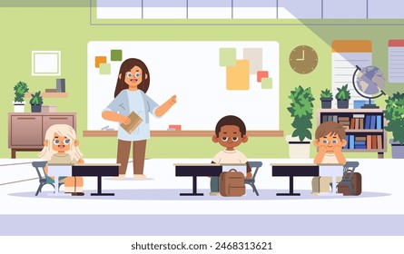 School education process cartoon illustration. Kids learning in light class room