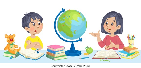 School education. Puzzled boy and surprised girl with globe, books and toys. Children in class. In cartoon style. Isolated on white background. Vector flat illustration.
