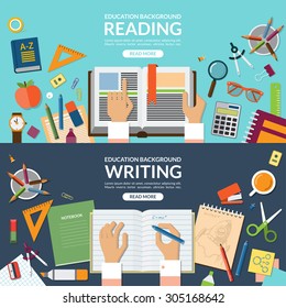 School and education, reading and writing concept banner set. Open book in hands. Writing in a notebook. School supplies. Top view on desktop. Flat design vector illustration background