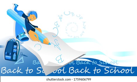 School, education. Realistic 3 d view with a child holding pencil  and writing letters  on paper. Text back to school. Hand drawn vector. For poster, cover, web, brochure design, stationery