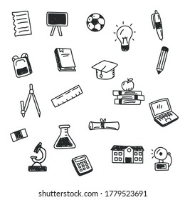 School and education related doodle 
collection with black color such as book, pen, graduation hat and more 