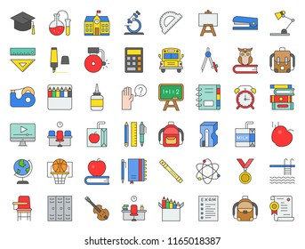 school and education related icon set filled outline design such as school bus, sharpener, chalkboard, owl, stack of books, staple, swimming pool, alarm clock