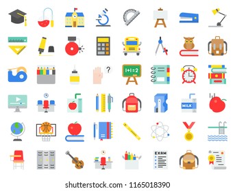 school and education related icon set in flat design such as school bus, sharpener, chalkboard, owl, stack of books, staple, swimming pool, flute