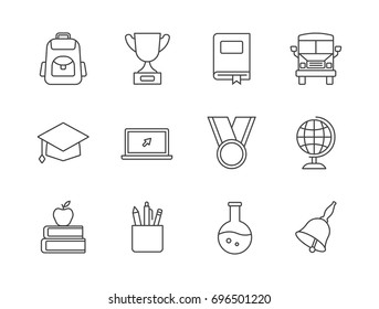 School and education related line icons set with book, pencils, bus, bell, graduation hat, trophy.