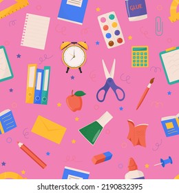 School and education related objects seamless pattern. Vector illustration.