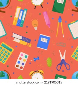 School and education related objects seamless pattern. Vector illustration.