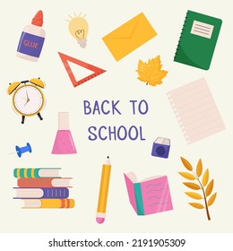 School and education related sets of objects consisting of pen, pencil, ruler, alam, book, notebook. Vector illustration.